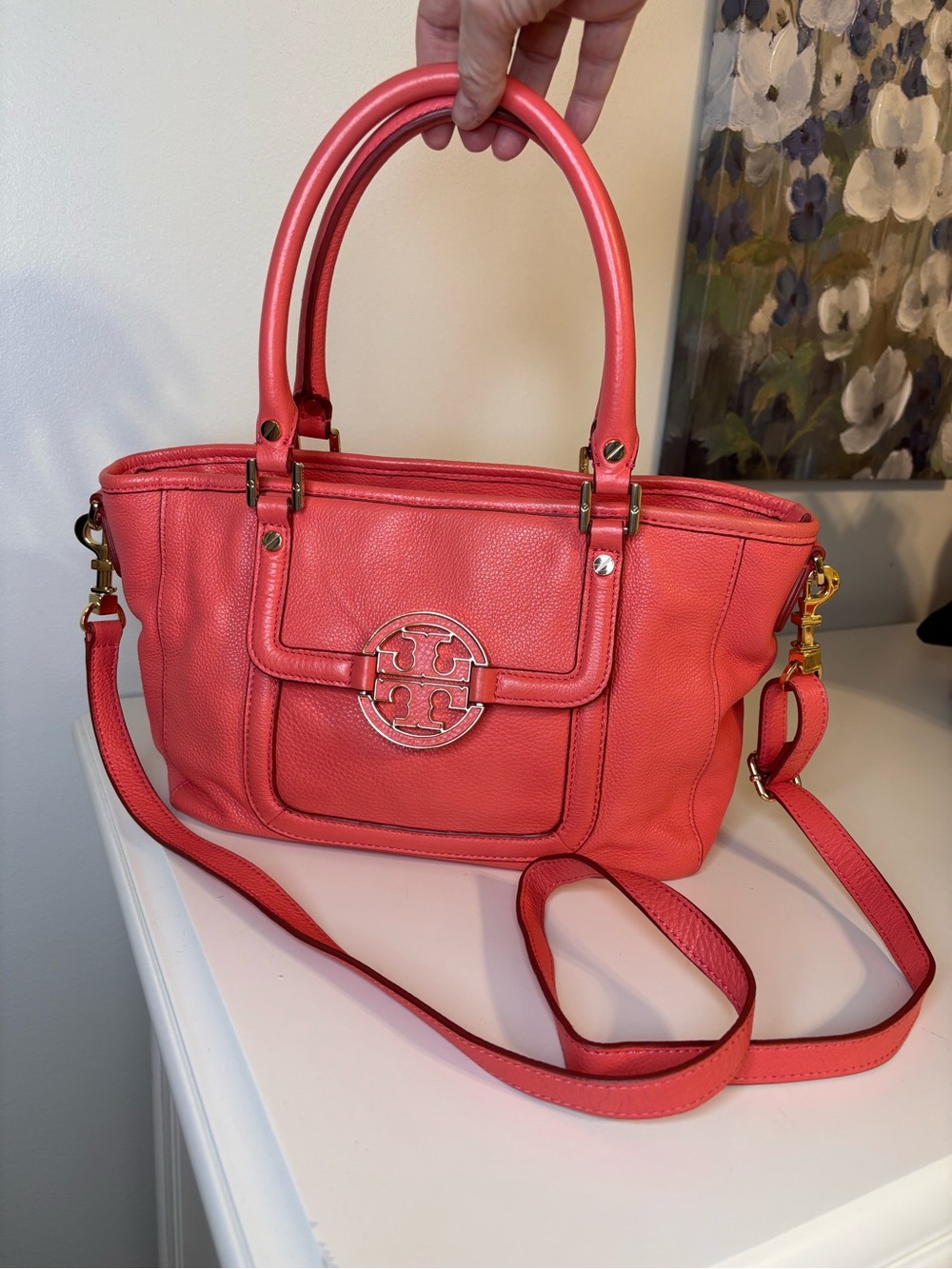 Tory Burch Amanda Hobo 12129740 Coral Pink Pebbled Leather 2-Way Satchel CLEAN!!